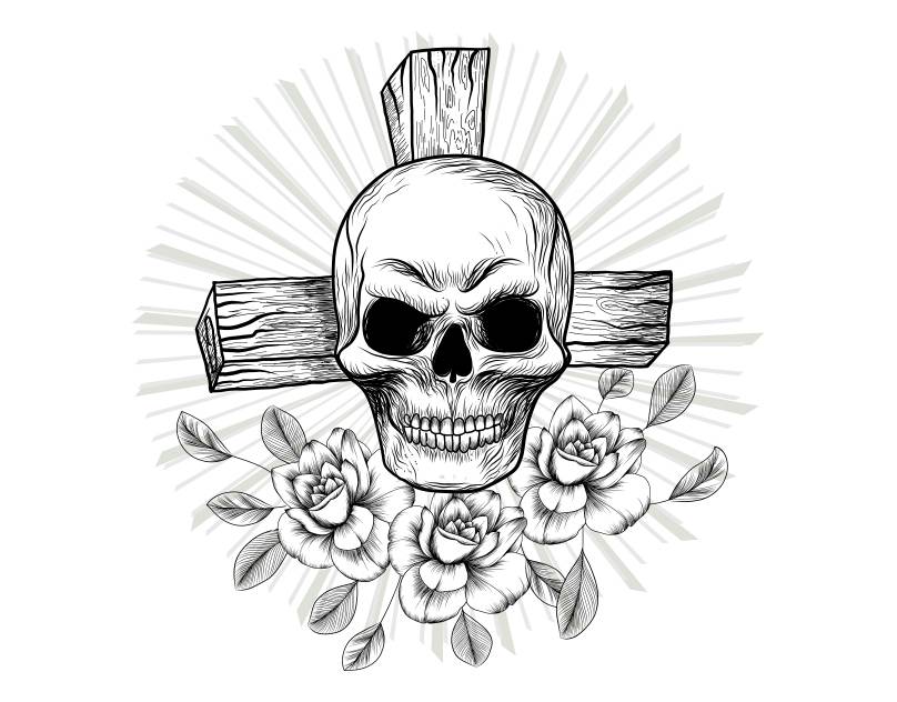 Hand drawn rip skull illustration with flower for tshirt skull vector with rose flower