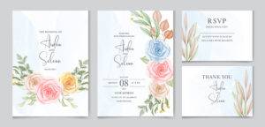 Wedding invitation card set template with flowers and leaves watercolor 