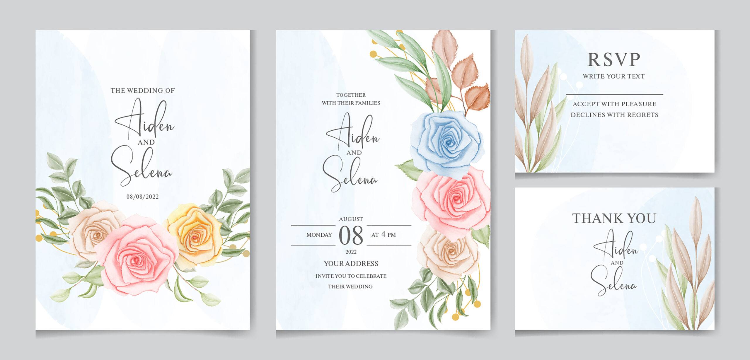 Wedding invitation card set template with flowers and leaves watercolor