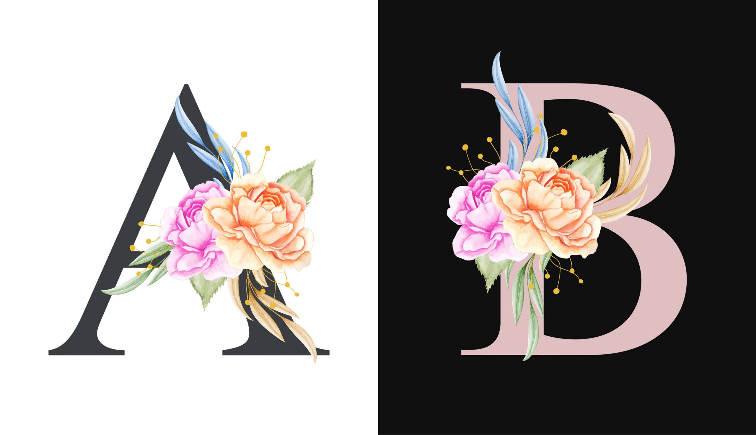 Watercolor floral alphabet with hand drawn flower and leaves