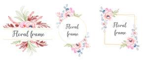 Set of watercolor floral frame bouquets of peach roses and leave