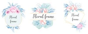 Set of watercolor floral frame bouquets of peach roses and leave